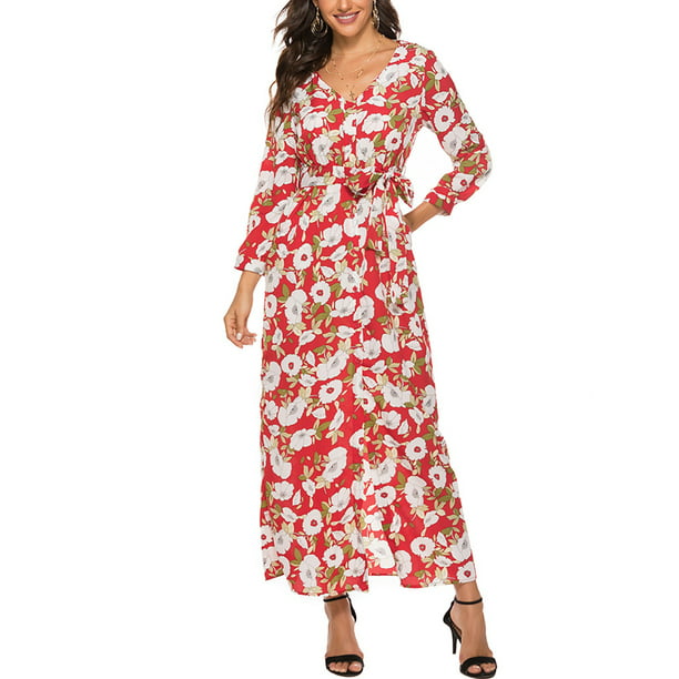 Loose Cocktail sundress beach Casual Party Dresses Long Sleeve Dress Floral 